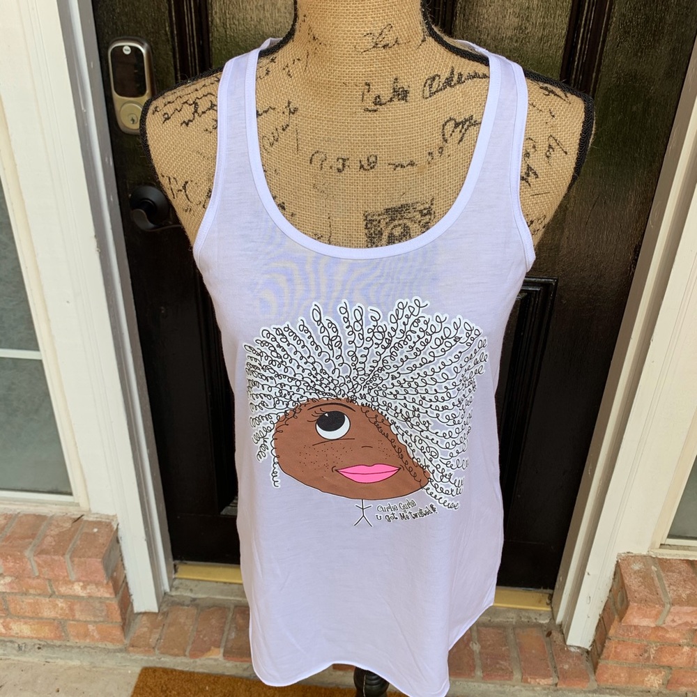 White racerback womens Curlie Gurlie Tee.